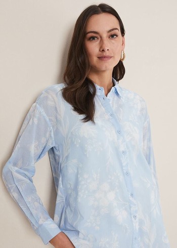 Phase Eight Kaya Floral Print Shirts Blue USA | 6478019-CF